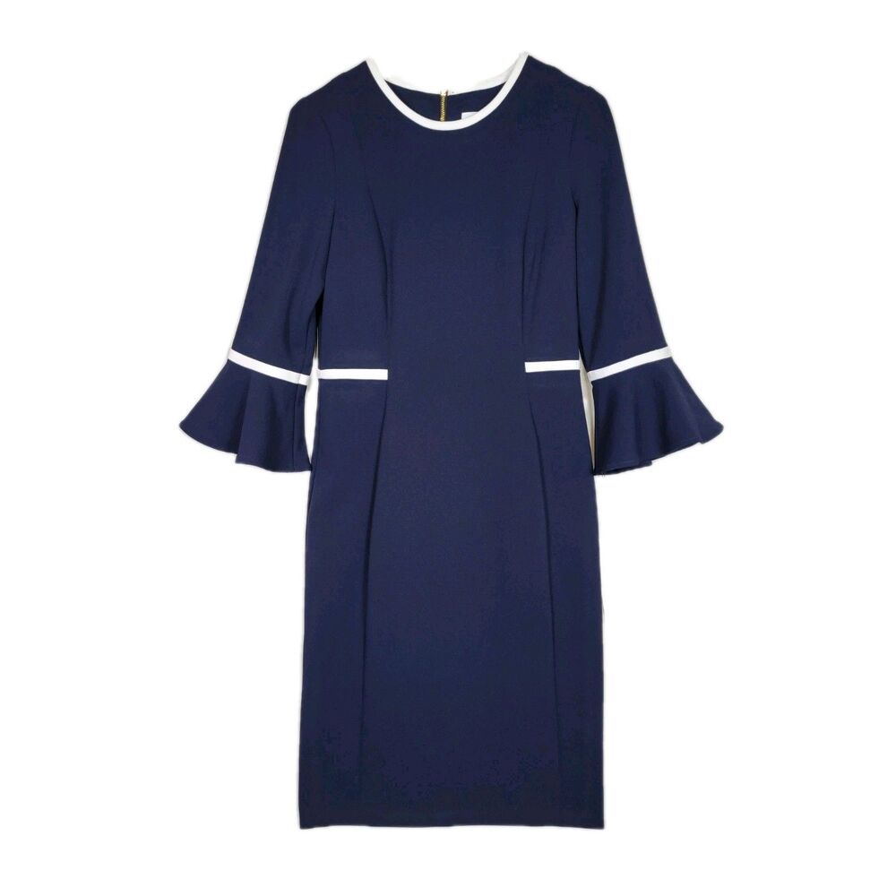 NWT Calvin Klein Navy Blue Bell Sleeve Sheath Dress Size 6 Career Old Money